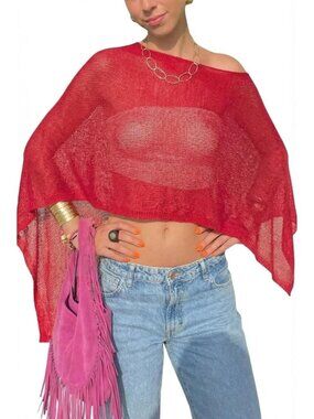 Women's Red Sheer Poncho Top Knit Crochet Lightweight See Through Shawl
